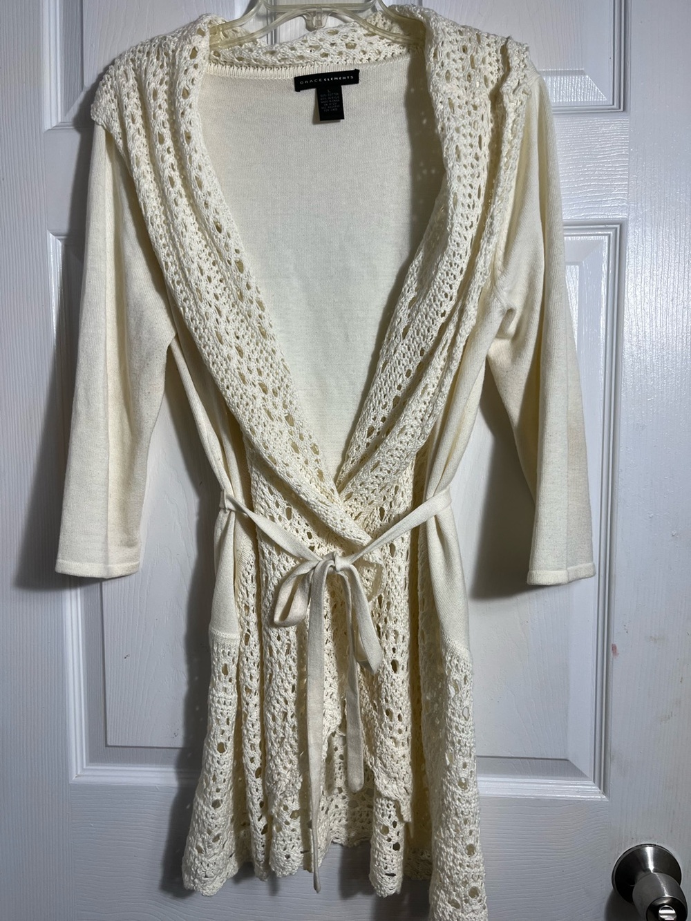 Grace Elements 3/4 Sleeve Crochet-Trim Knit Wrap Cardigan in Cream L